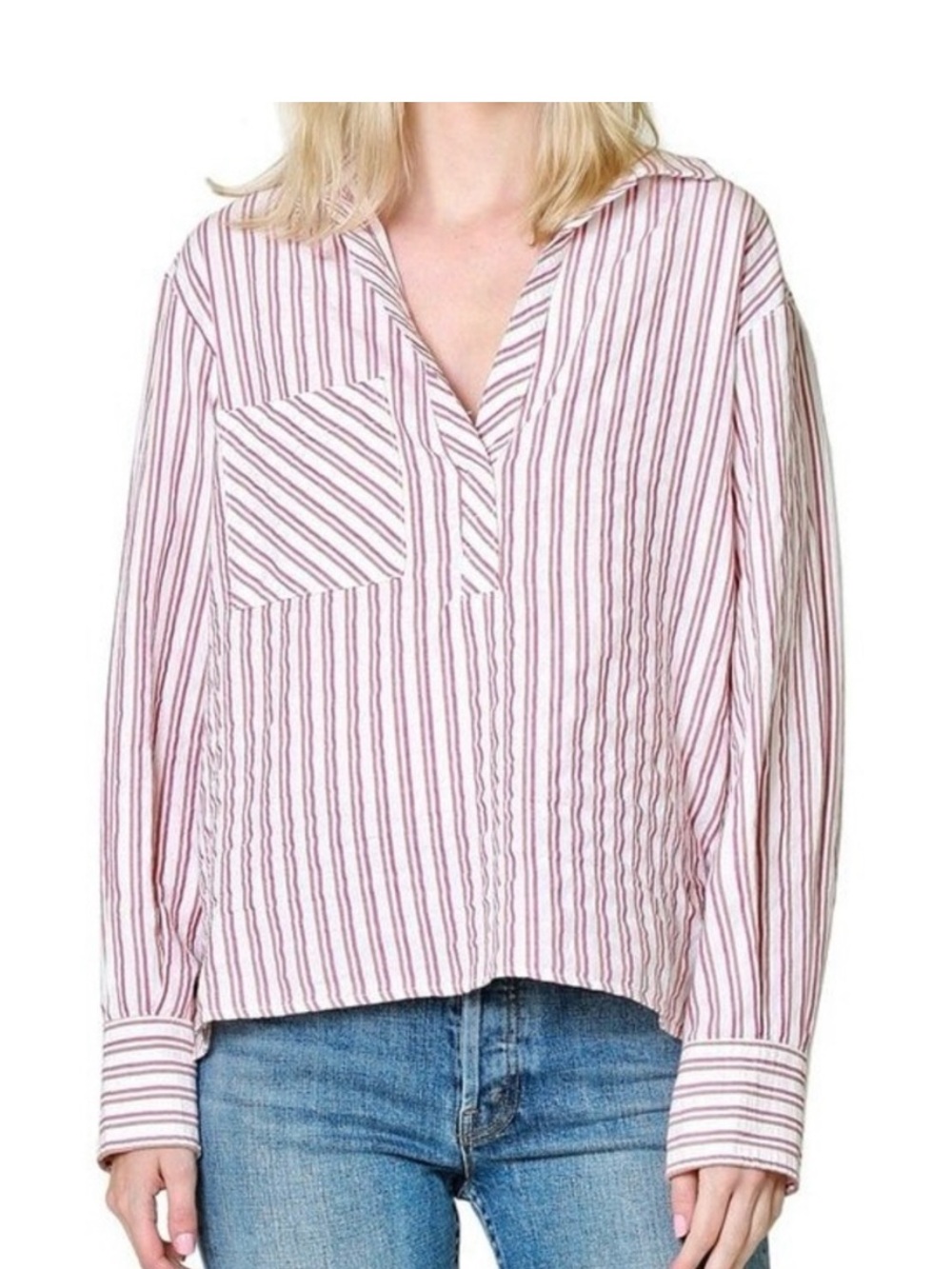 Xirena Hudson Stripe Top Women’s Size XS Popover Pocket Alabaster Pink Ticking